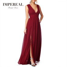 V Neck V Back High End Evening And Ceremony Burgundy Long Dress